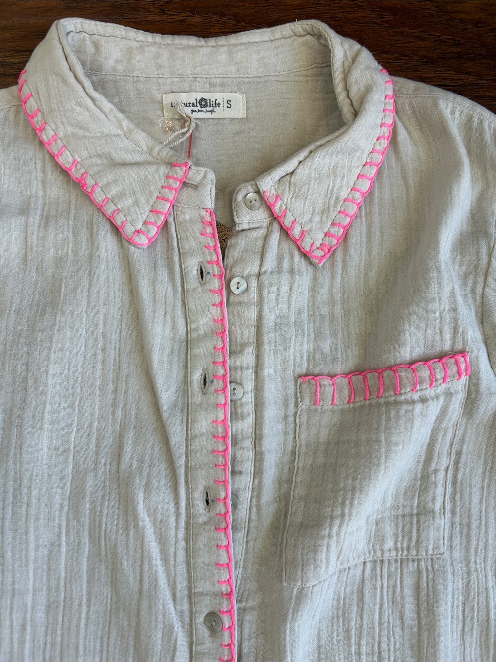 NATURAL LIFE Cream Button-Up Tunic with Pink Trim - Picture 3 of 8